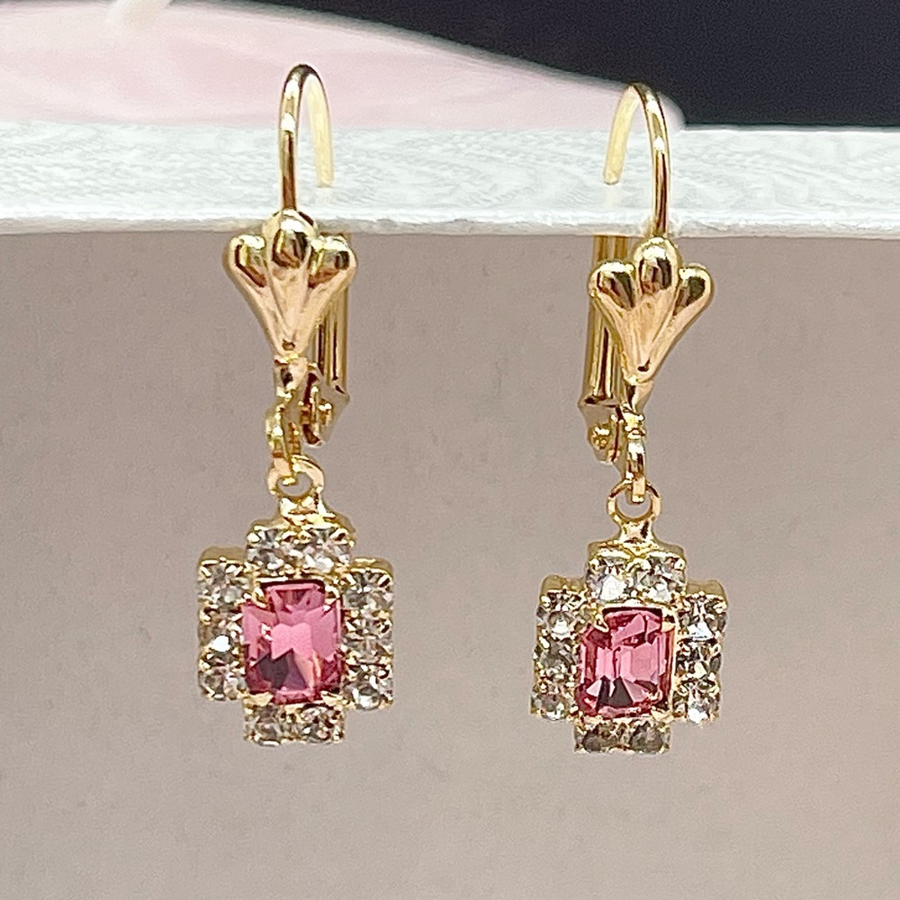 18k Gold Filled Pink Emerald Cut Cubic Zirconia French Lock Earrings ✨
